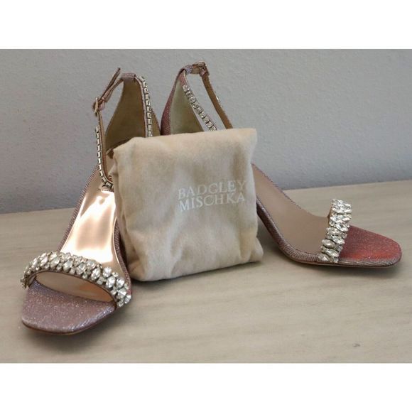 Badgley Mischka Sz 8 Rose Pink Harriet Embellished Open Toe Block Heels $235 - Picture 4 of 7
